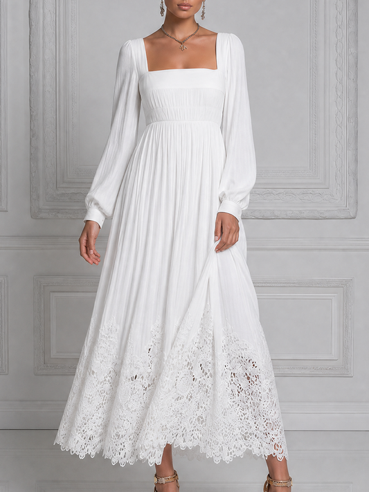 White Dress Lace Hem Square Neck Pleated Maxi Dress