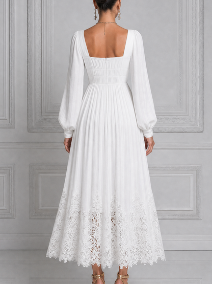 White Dress Lace Hem Square Neck Pleated Maxi Dress