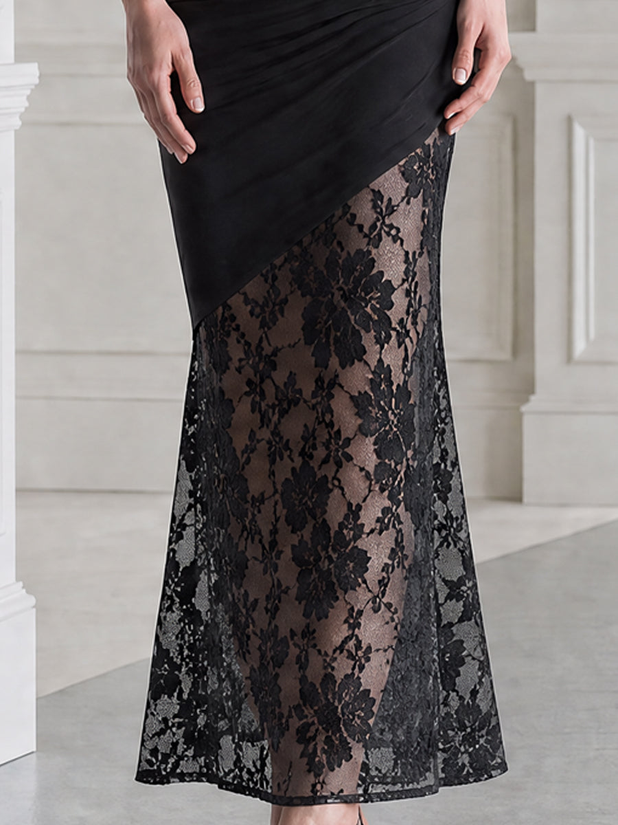 Asymmetrical Off Shoulder Ruched Floral Lace Hem Maxi Dress