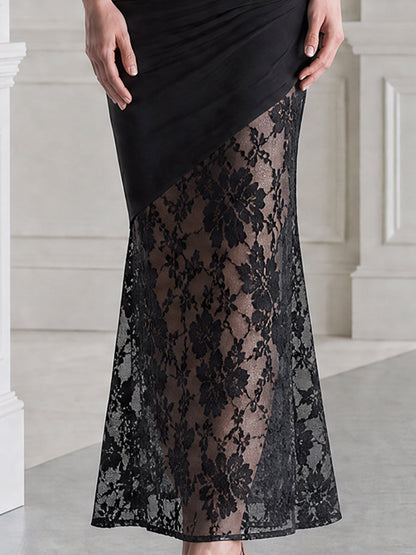 Asymmetrical Off Shoulder Ruched Floral Lace Hem Maxi Dress