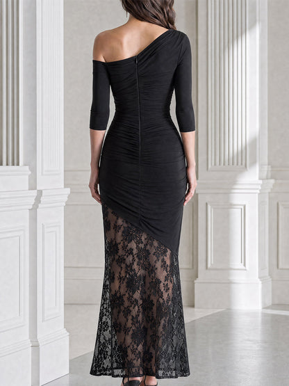 Asymmetrical Off Shoulder Ruched Floral Lace Hem Maxi Dress