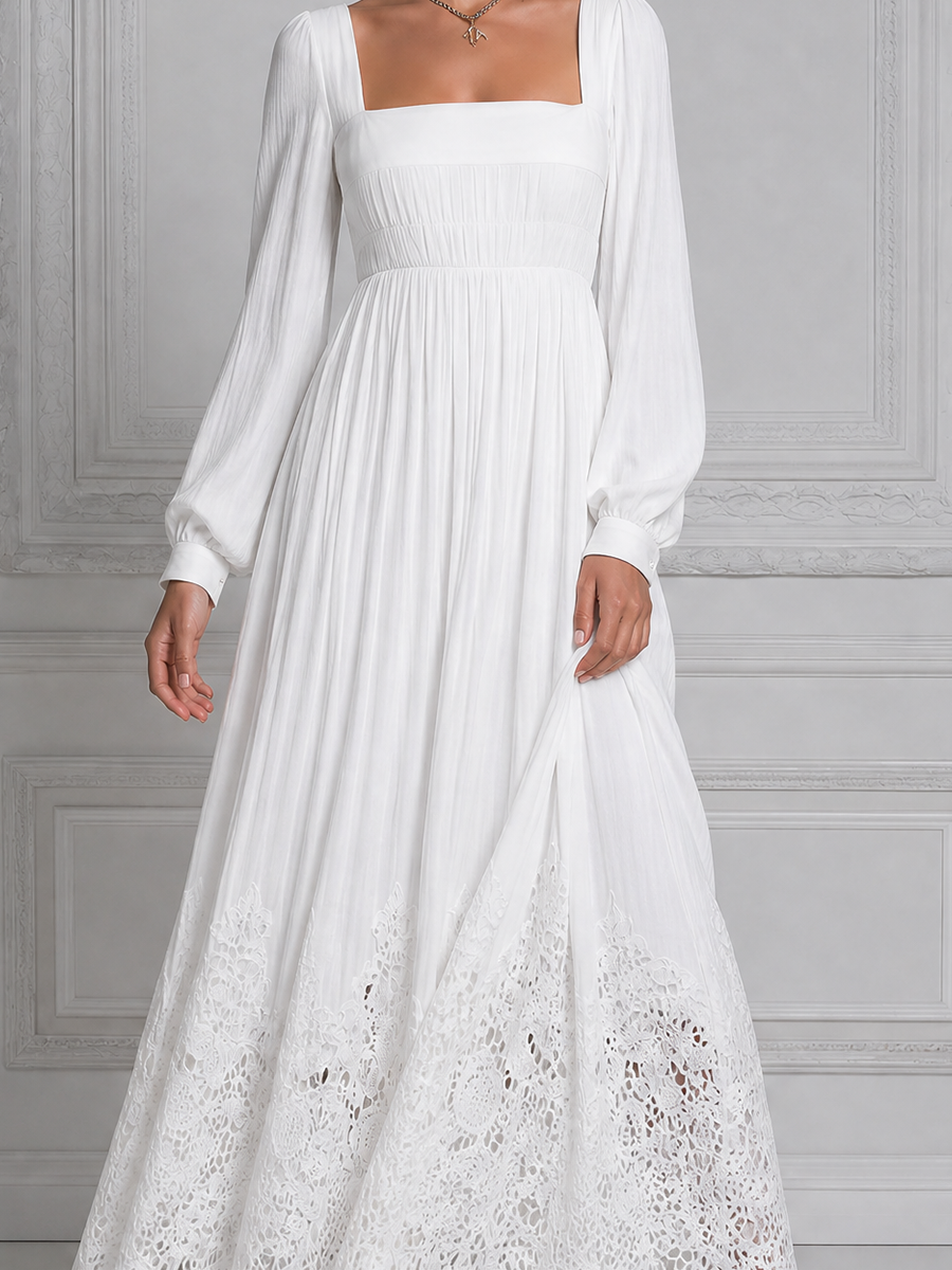 White Dress Lace Hem Square Neck Pleated Maxi Dress