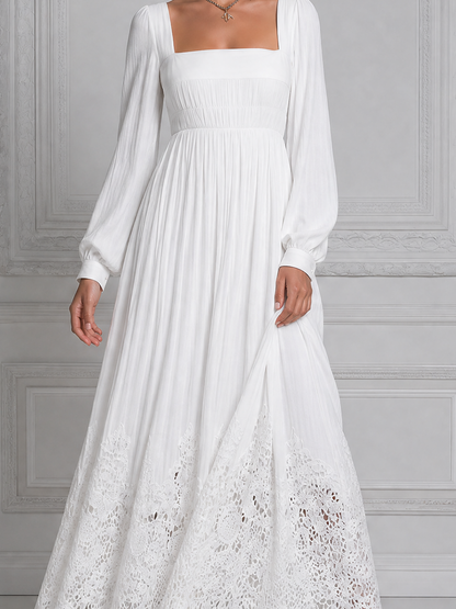 White Dress Lace Hem Square Neck Pleated Maxi Dress