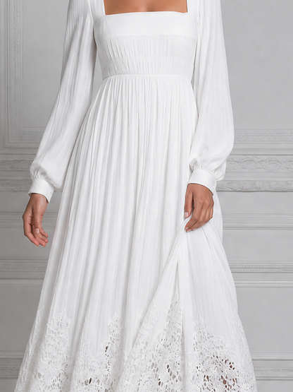 White Dress Lace Hem Square Neck Pleated Maxi Dress
