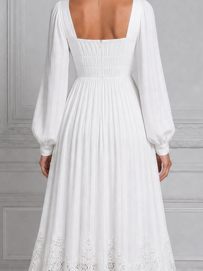 White Dress Lace Hem Square Neck Pleated Maxi Dress