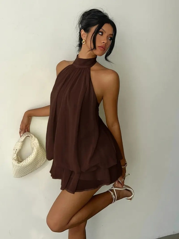 Women's Yellow Chiffon Halter Mini Dress