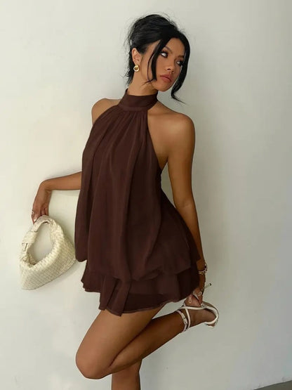Women's Yellow Chiffon Halter Mini Dress