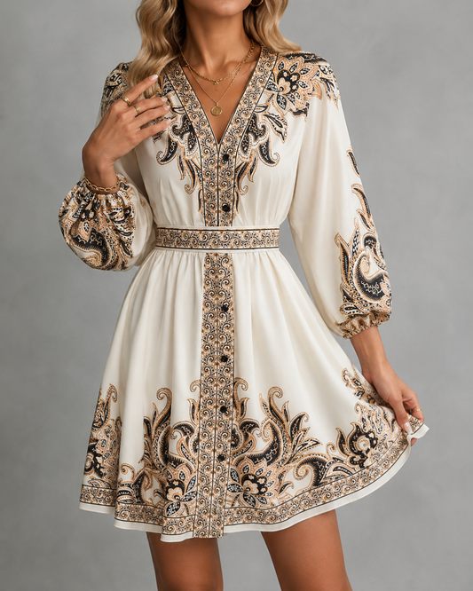 Printed V-neck three-quarter sleeve tie waist dress