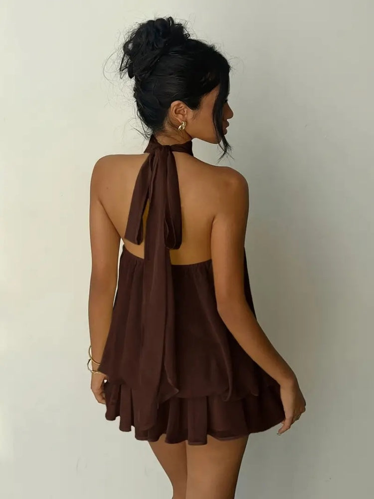 Women's Yellow Chiffon Halter Mini Dress