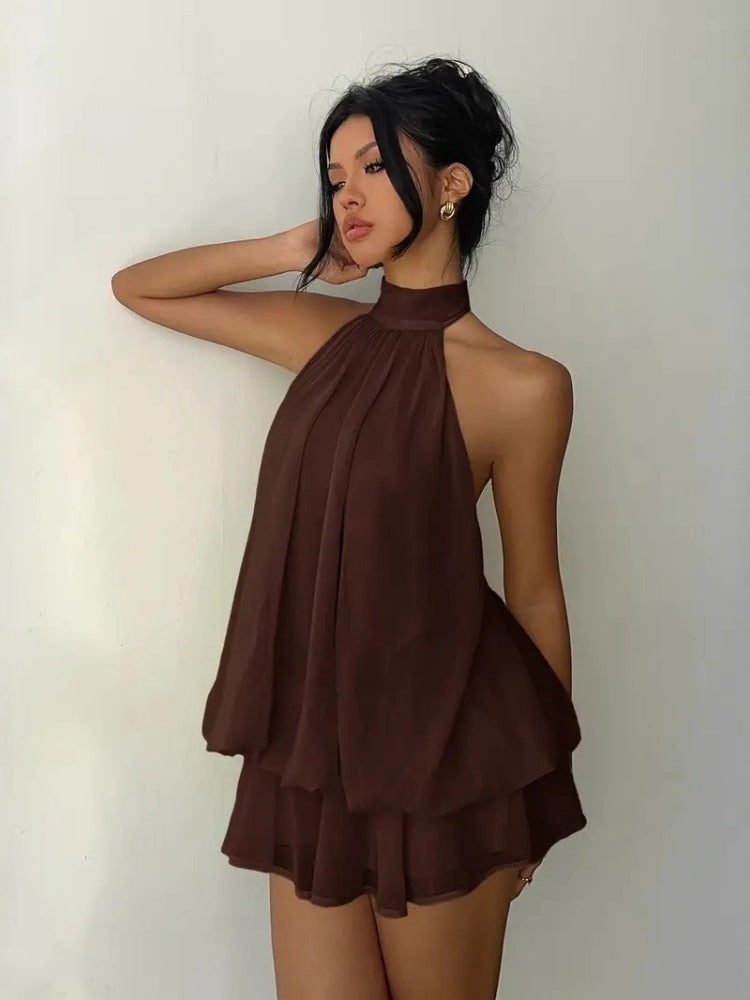 Women's Yellow Chiffon Halter Mini Dress