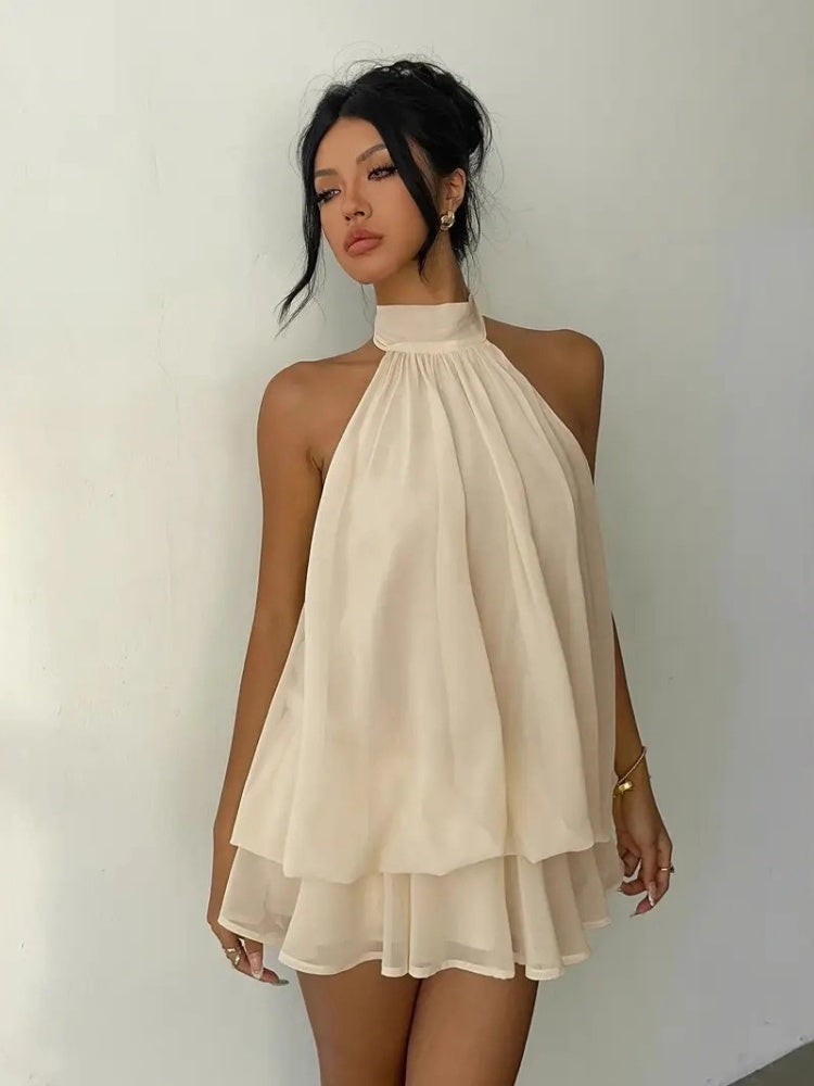 Women's Yellow Chiffon Halter Mini Dress