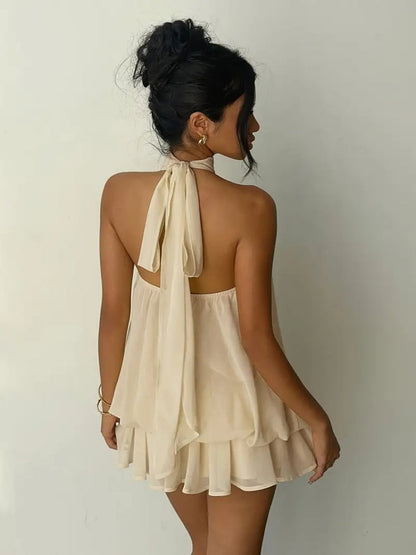 Women's Yellow Chiffon Halter Mini Dress