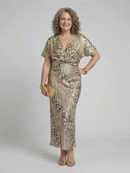 Nadège™| Abstract Print V Neck Twist Waist Midi Dress