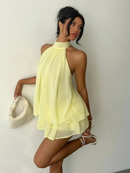 Women's Yellow Chiffon Halter Mini Dress