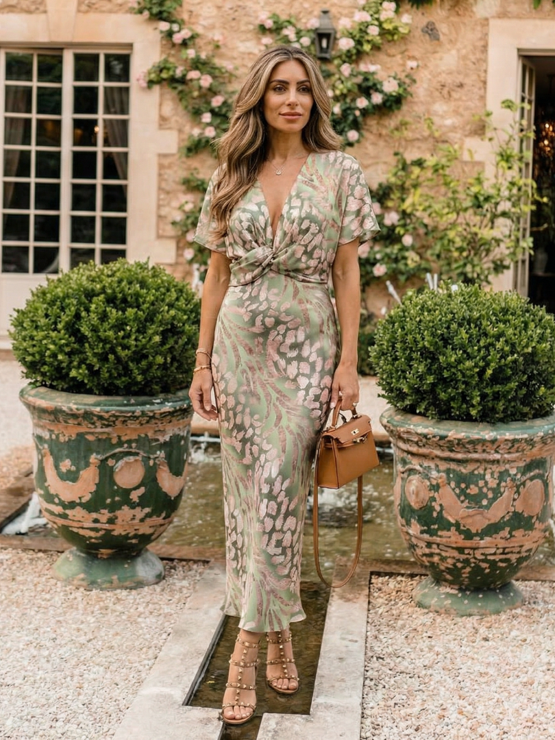 Nadège™| Abstract Print V Neck Twist Waist Midi Dress