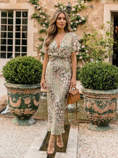 Nadège™| Abstract Print V Neck Twist Waist Midi Dress