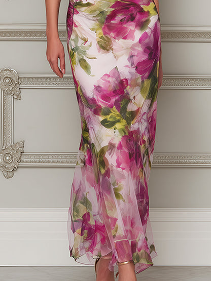 Enchanted Garden Ruched Cowl-Neck Trumpet Dress