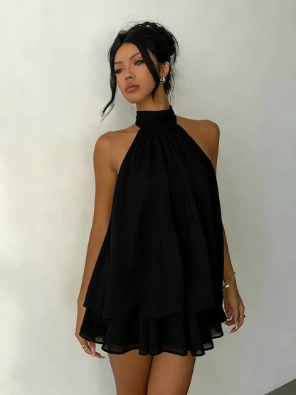 Women's Yellow Chiffon Halter Mini Dress
