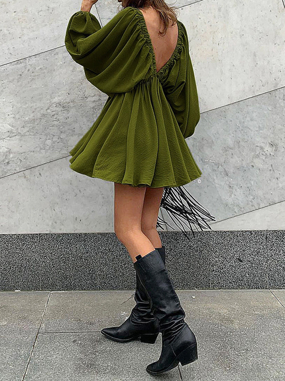 Mini skater dress made of fabric with deep neckline