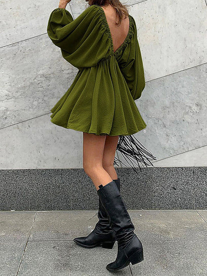 Mini skater dress made of fabric with deep neckline