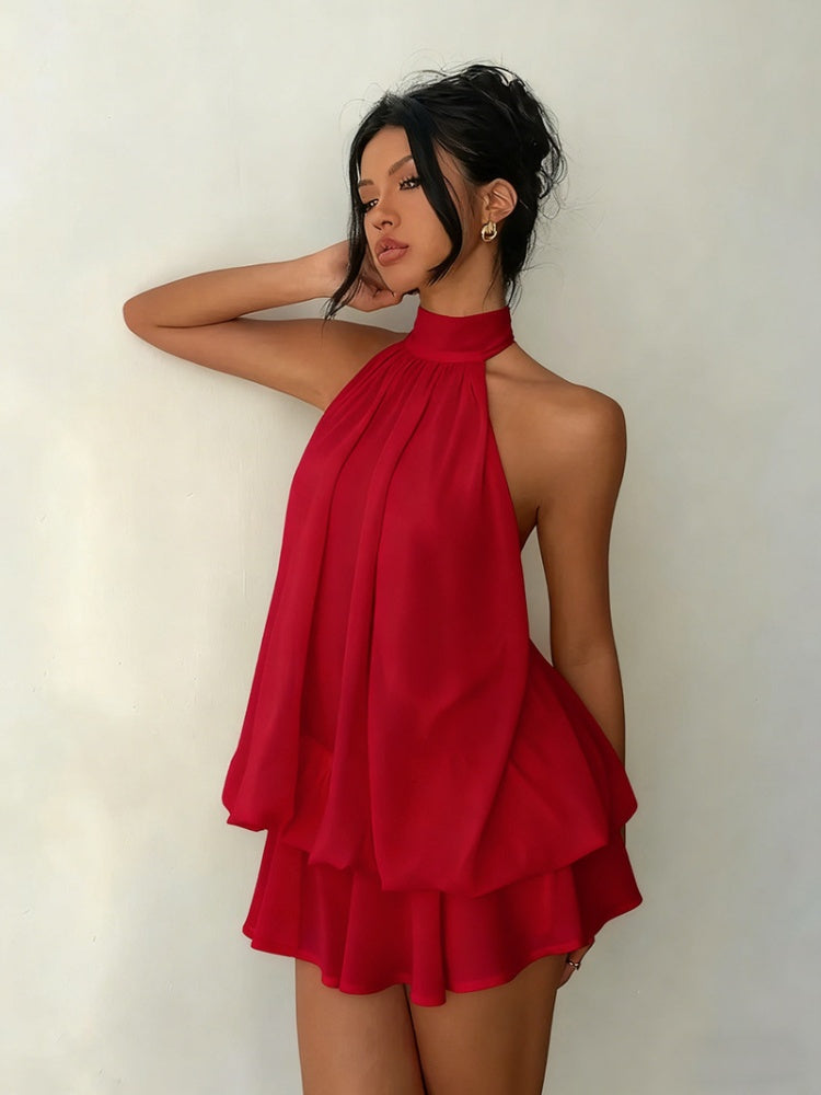 Women's Yellow Chiffon Halter Mini Dress