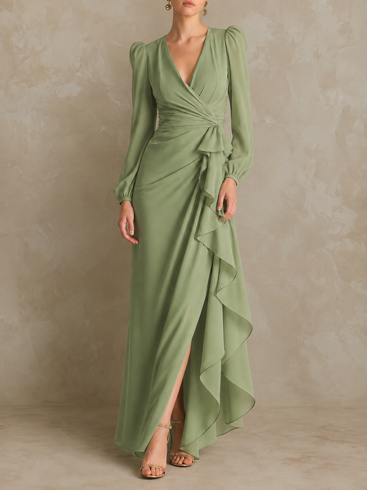 Green Dress Fall Wrap Ruffle Slit Maxi Dress