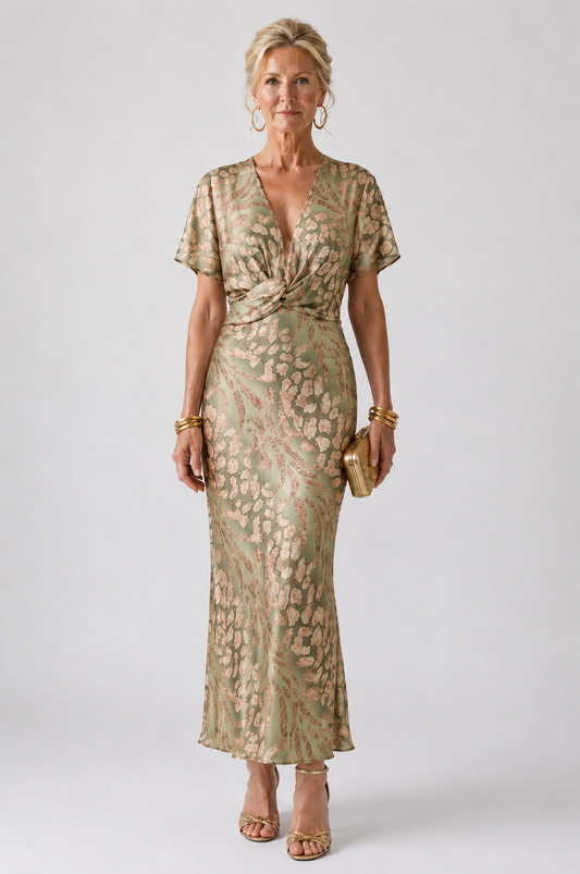 Nadège™| Abstract Print V Neck Twist Waist Midi Dress