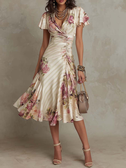 Margaret | Vintage Floral Satin Midi Dress
