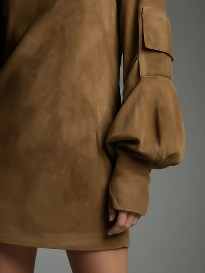 Buy | Loose suede mini dress with high neck