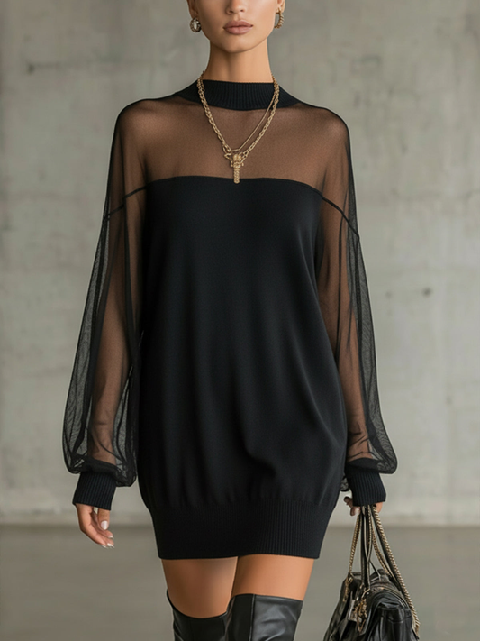 Amélie™ | Elegant Black Mini Dress with Mesh Sleeves