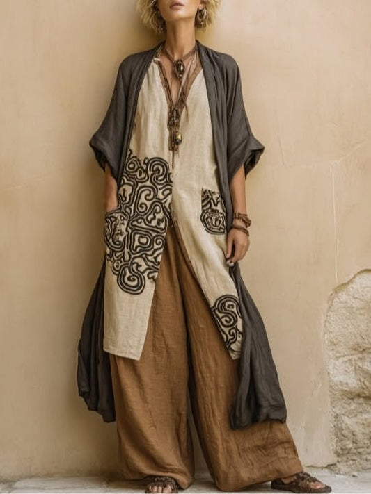 Giulia - Three-Piece Bohemian Nomad Set in Dark Gray and Brown with Tribal Pattern