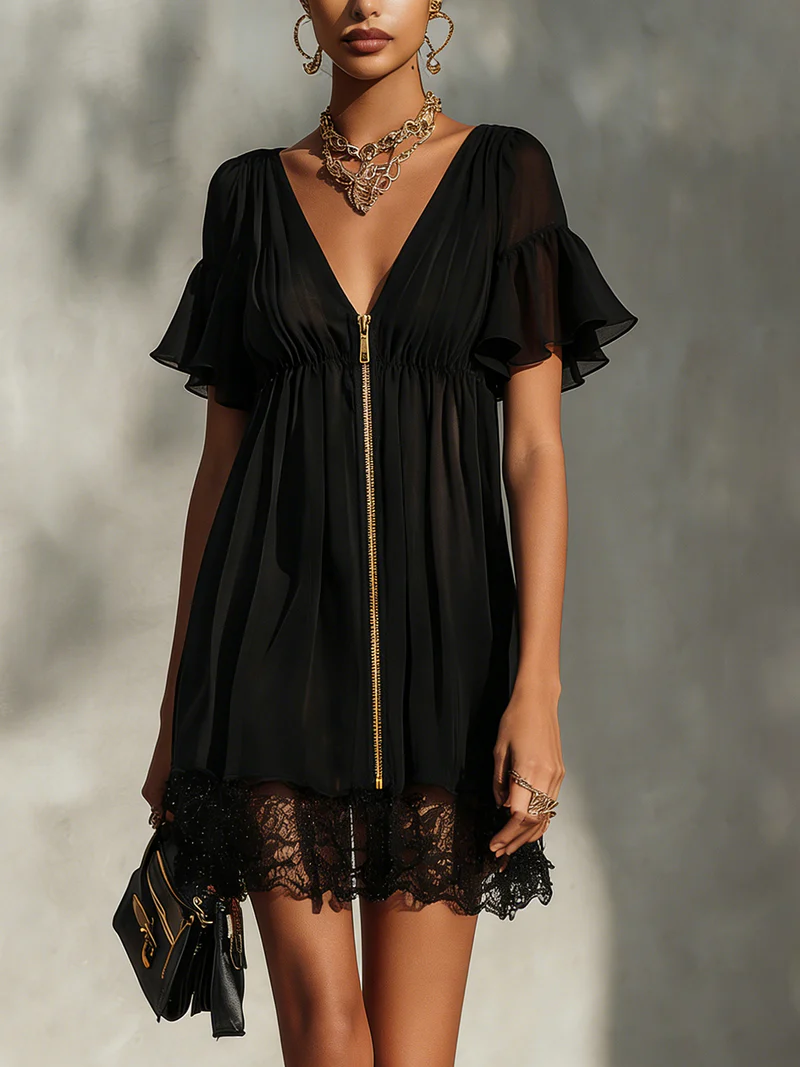 Sanya | Mini Dress with Lace Trim, Zipper Closure