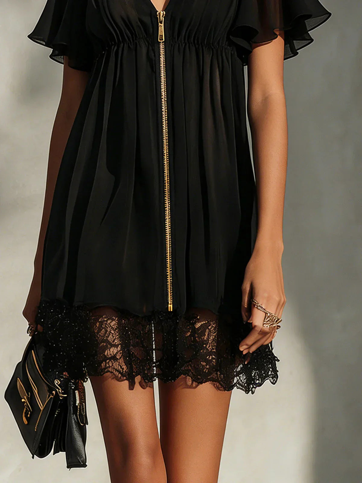 Sanya | Mini Dress with Lace Trim, Zipper Closure