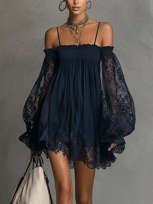 Noemi | Mini dress in navy blue chiffon with off-the-shoulder neckline, lace trim, and sheer sleeves