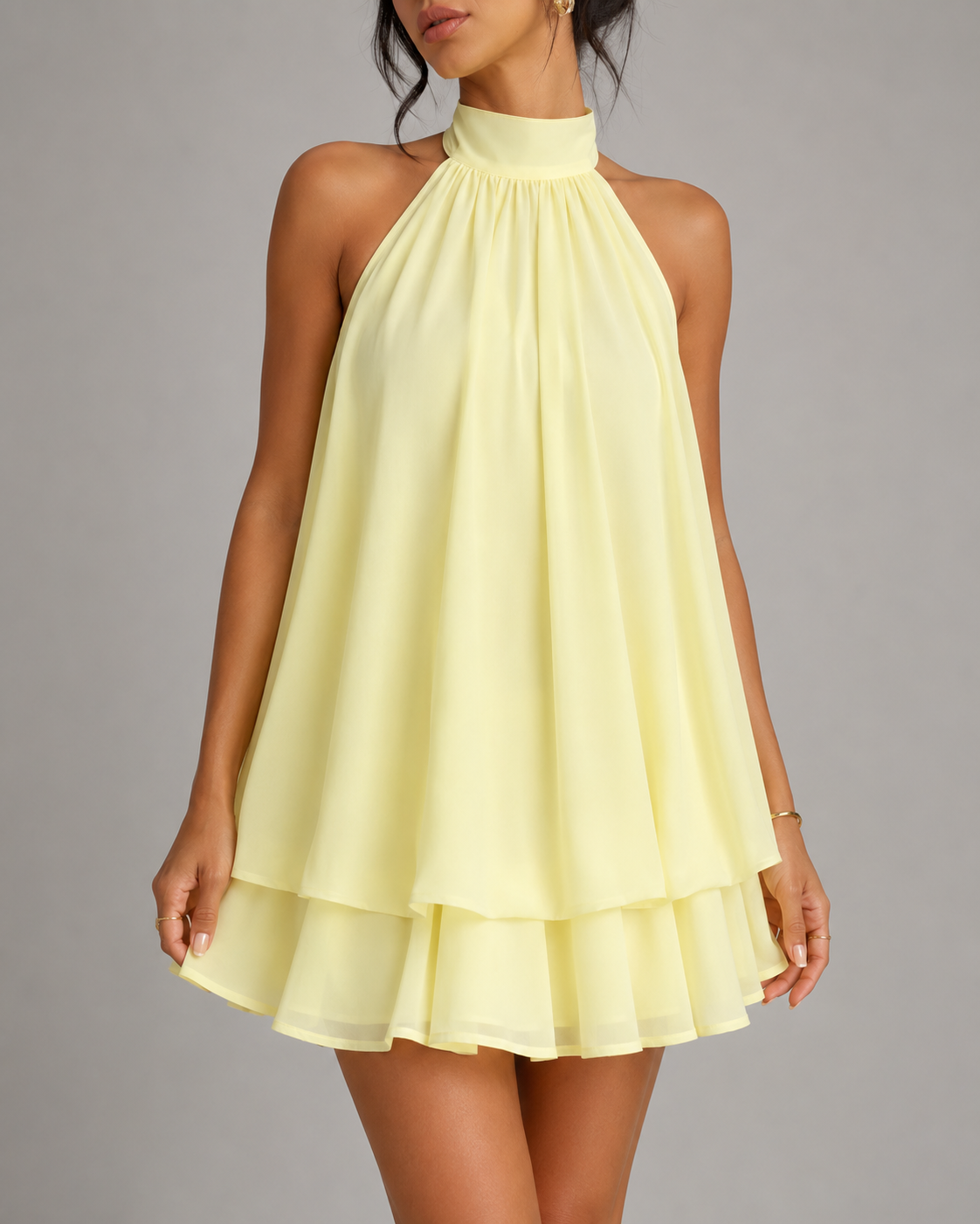 Women's Yellow Chiffon Halter Mini Dress