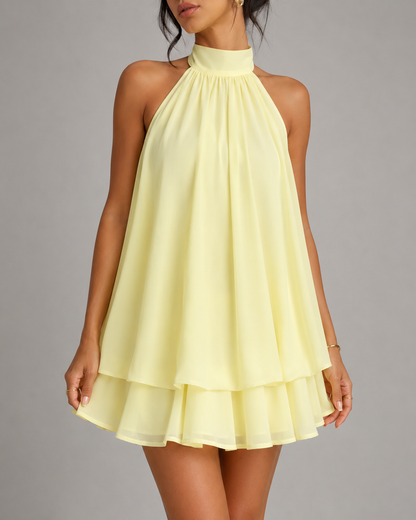 Women's Yellow Chiffon Halter Mini Dress