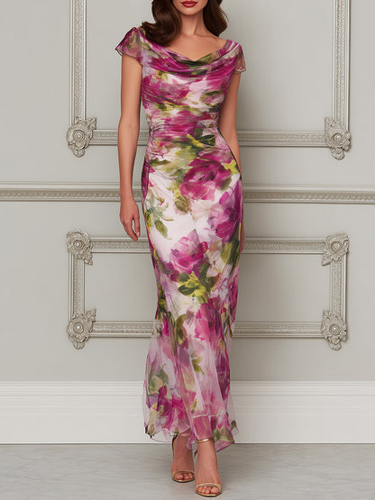 Enchanted Garden Ruched Cowl-Neck Trumpet Dress
