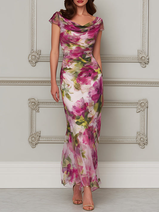 Enchanted Garden Ruched Cowl-Neck Trumpet Dress