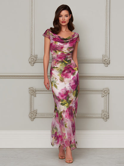 Enchanted Garden Ruched Cowl-Neck Trumpet Dress
