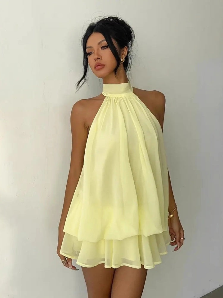 Women's Yellow Chiffon Halter Mini Dress