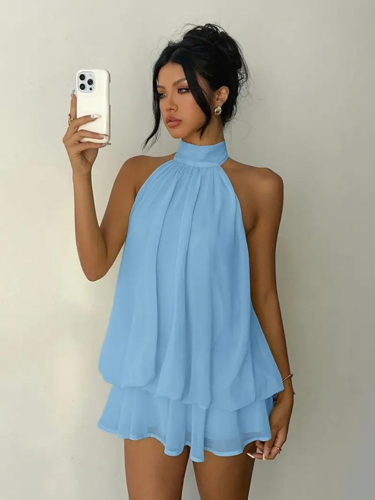 Women's Yellow Chiffon Halter Mini Dress