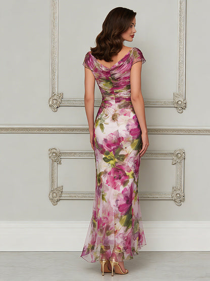 Enchanted Garden Ruched Cowl-Neck Trumpet Dress