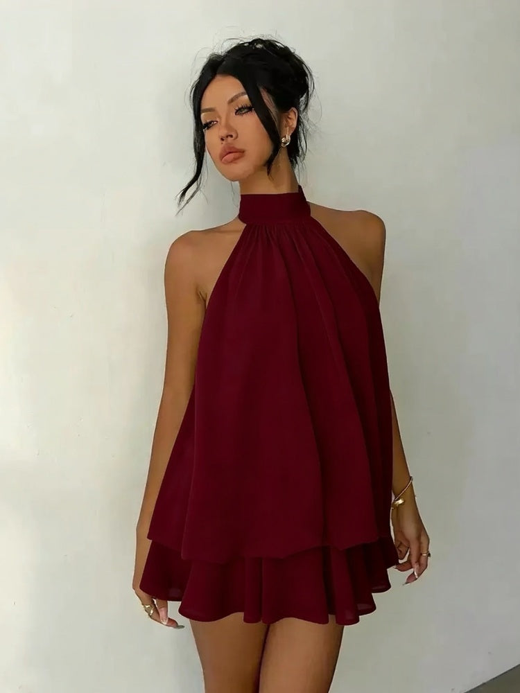 Women's Yellow Chiffon Halter Mini Dress