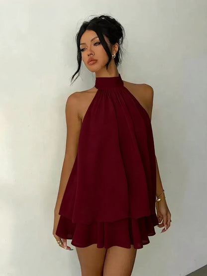 Women's Yellow Chiffon Halter Mini Dress