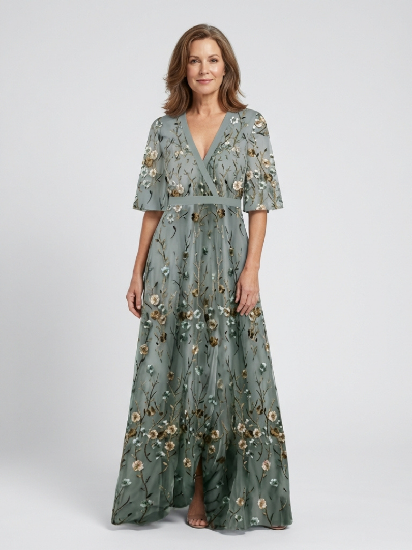 Nadège™ | Floral V Neck Short Sleeve Maxi Dress