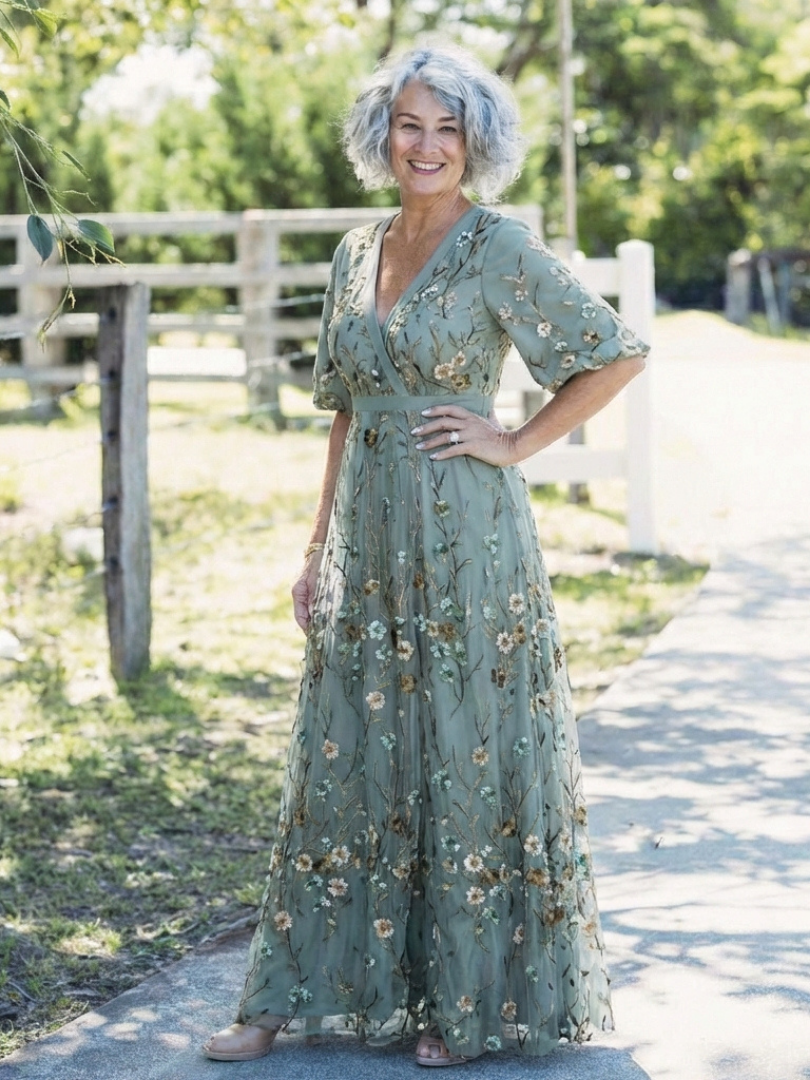 Nadège™ | Floral V Neck Short Sleeve Maxi Dress