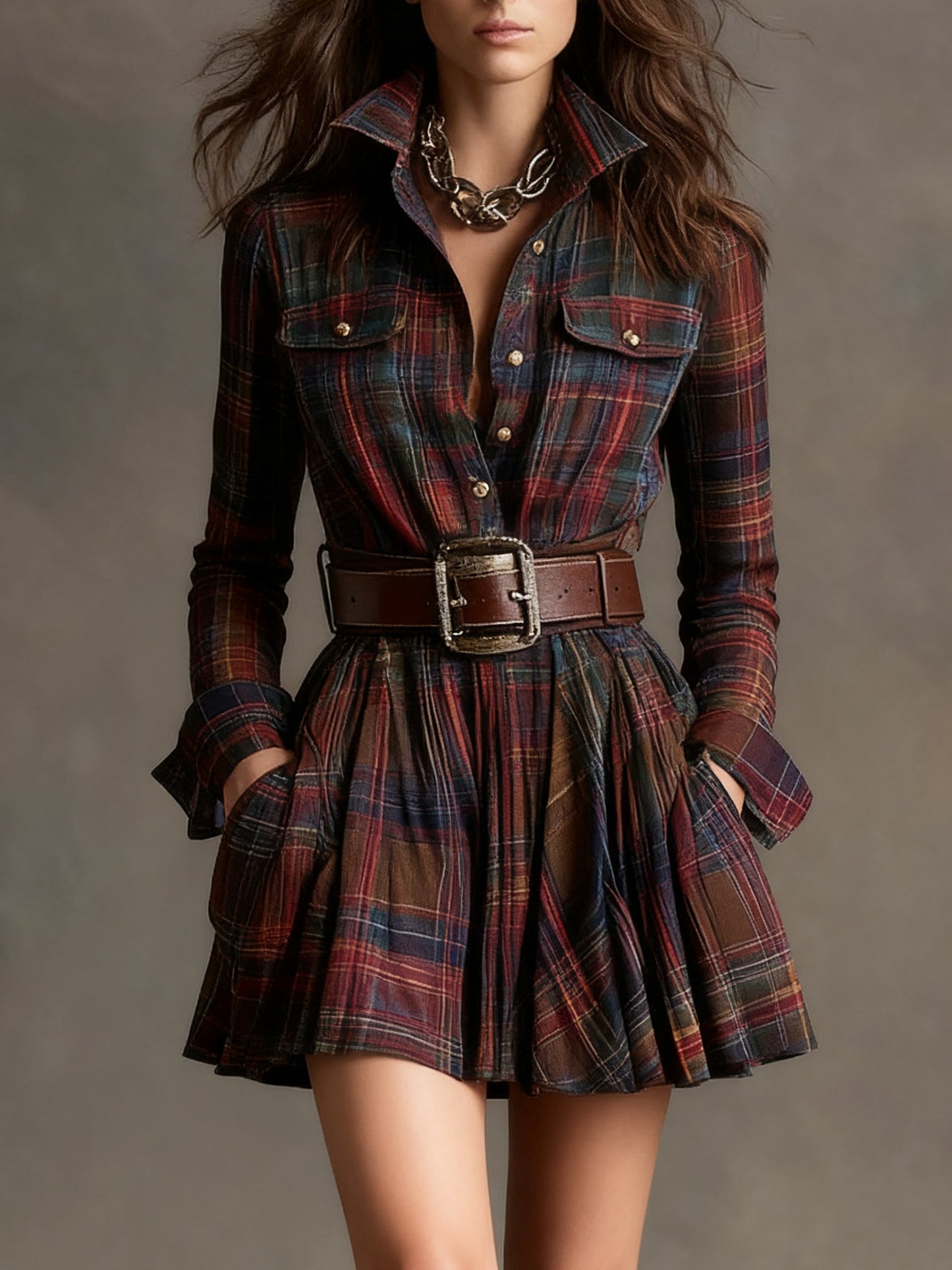 Vintage Red and Brown Checked Mini Dress (Includes belt)
