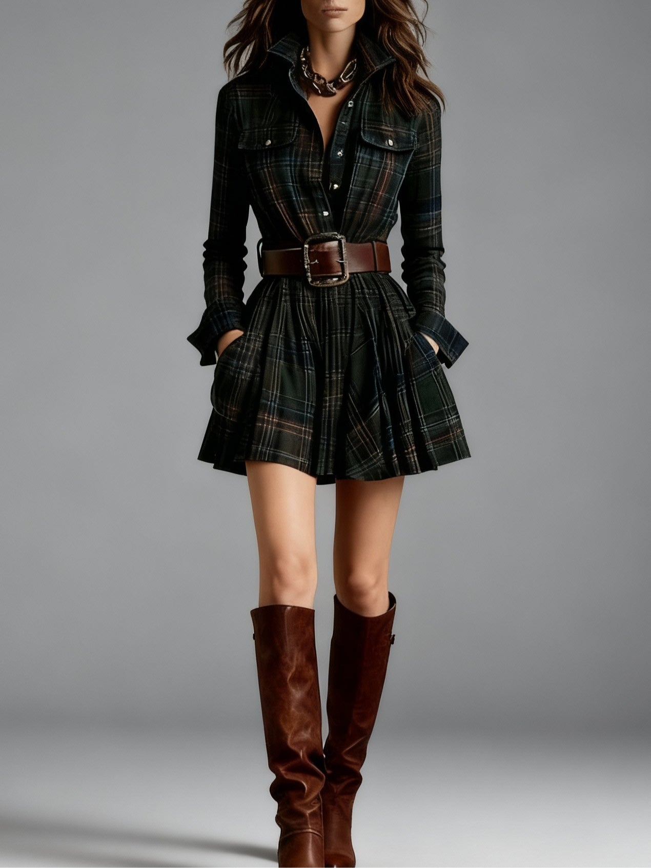 Vintage Red and Brown Checked Mini Dress (Includes belt)